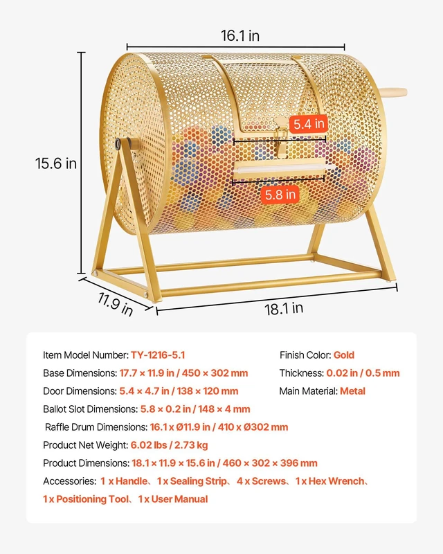 Alt view image 7 of 8 - VEVOR Raffle Ticket Spinner, 16.1" x 11.9" Holds 5000 Tickets or 200 Ping Pong Balls, Raffle Drum Lottery Spinning Cage with Reinforced Handle, Stable Triangular Stand, for Events and Gatherings, Gold