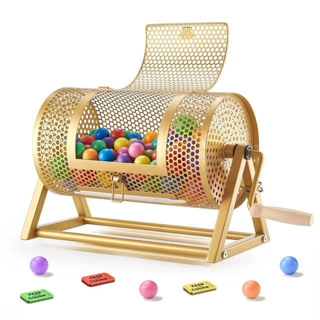Main image of VEVOR Raffle Ticket Spinner, 11.6" x 6.6" Holds 2500 Tickets or 100 Ping Pong Balls, Raffle Drum Lottery Spinning Cage with Reinforced Handle, Stable Triangular Stand, for Events and Gatherings, Gold