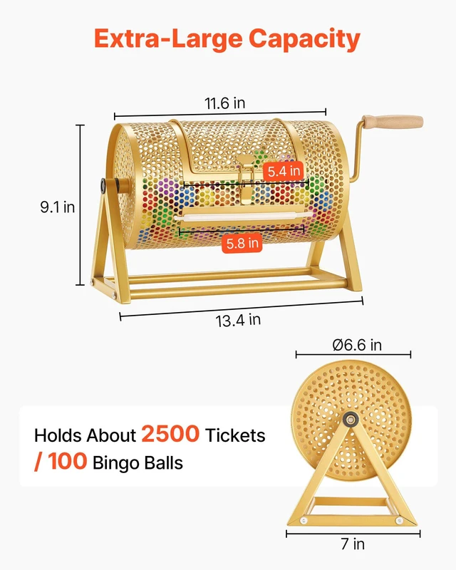 Alt view image 2 of 8 - VEVOR Raffle Ticket Spinner, 11.6" x 6.6" Holds 2500 Tickets or 100 Ping Pong Balls, Raffle Drum Lottery Spinning Cage with Reinforced Handle, Stable Triangular Stand, for Events and Gatherings, Gold
