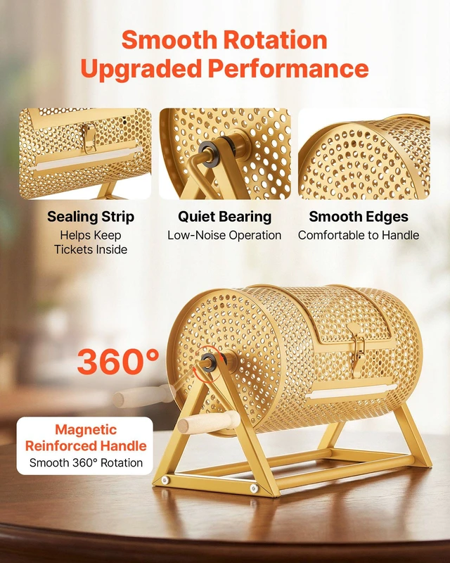 Alt view image 4 of 8 - VEVOR Raffle Ticket Spinner, 11.6" x 6.6" Holds 2500 Tickets or 100 Ping Pong Balls, Raffle Drum Lottery Spinning Cage with Reinforced Handle, Stable Triangular Stand, for Events and Gatherings, Gold