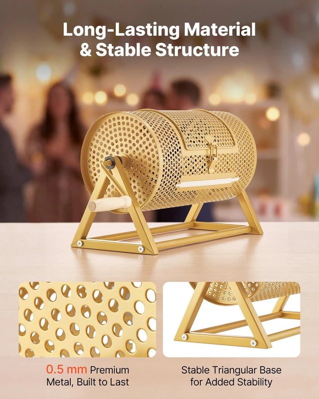 Alt view image 3 of 8 - VEVOR Raffle Ticket Spinner, 11.6" x 6.6" Holds 2500 Tickets or 100 Ping Pong Balls, Raffle Drum Lottery Spinning Cage with Reinforced Handle, Stable Triangular Stand, for Events and Gatherings, Gold
