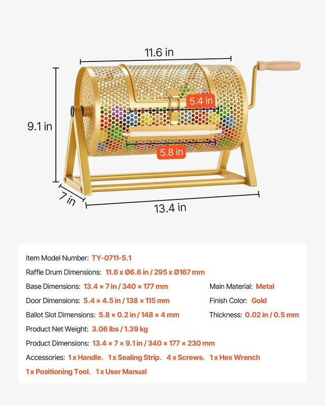 Alt view image 7 of 8 - VEVOR Raffle Ticket Spinner, 11.6" x 6.6" Holds 2500 Tickets or 100 Ping Pong Balls, Raffle Drum Lottery Spinning Cage with Reinforced Handle, Stable Triangular Stand, for Events and Gatherings, Gold