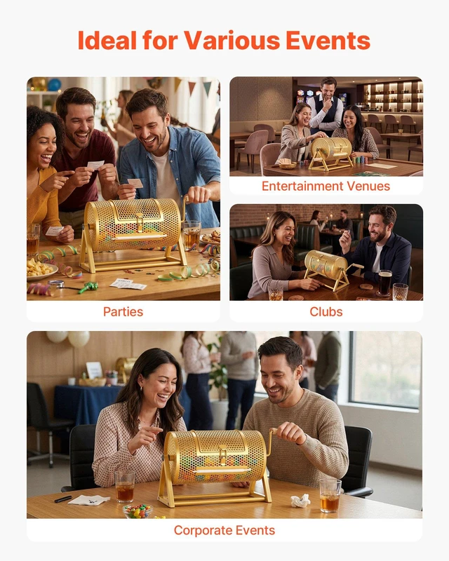 Alt view image 6 of 8 - VEVOR Raffle Ticket Spinner, 11.6" x 6.6" Holds 2500 Tickets or 100 Ping Pong Balls, Raffle Drum Lottery Spinning Cage with Reinforced Handle, Stable Triangular Stand, for Events and Gatherings, Gold