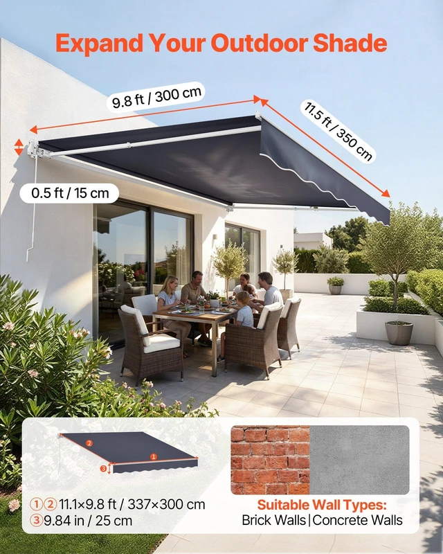 Alt view image 2 of 8 - VEVOR Manual Retractable Awning, 11.5' x 9.8' Outdoor Patio Awning Retractable Sun Shade, Patio Door Window Water-Resistant Polyester Sunshade Shelter with Crank Handle for Deck, Balcony, Yard, Gray