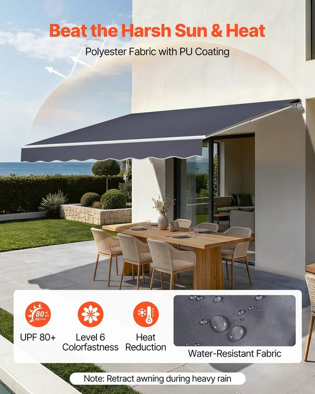 Alt view image 3 of 8 - VEVOR Manual Retractable Awning, 11.5' x 9.8' Outdoor Patio Awning Retractable Sun Shade, Patio Door Window Water-Resistant Polyester Sunshade Shelter with Crank Handle for Deck, Balcony, Yard, Gray