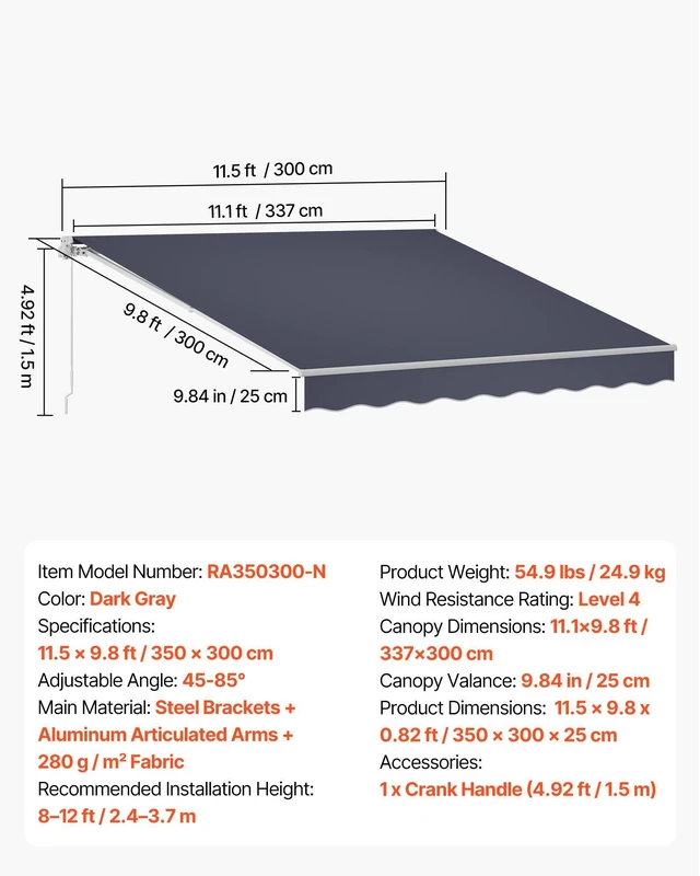 Alt view image 7 of 8 - VEVOR Manual Retractable Awning, 11.5' x 9.8' Outdoor Patio Awning Retractable Sun Shade, Patio Door Window Water-Resistant Polyester Sunshade Shelter with Crank Handle for Deck, Balcony, Yard, Gray