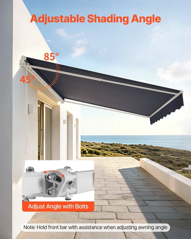 Alt view image 6 of 8 - VEVOR Manual Retractable Awning, 11.5' x 9.8' Outdoor Patio Awning Retractable Sun Shade, Patio Door Window Water-Resistant Polyester Sunshade Shelter with Crank Handle for Deck, Balcony, Yard, Gray