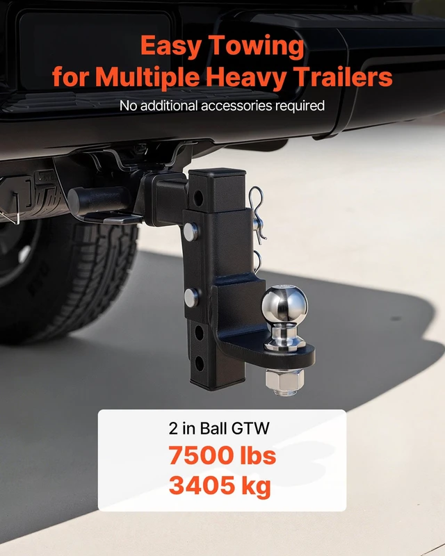 Alt view image 2 of 8 - VEVOR Trailer Hitch Ball Mount, Fit 2-Inch Receiver, Adjustable Trailer Hitch with 2 Inch Ball & Pin, 7500 lbs GTW, 9.5 Inch Drop, Towing Ball Mounts for RVs, Off-Road Vehicles and Trucks, Black