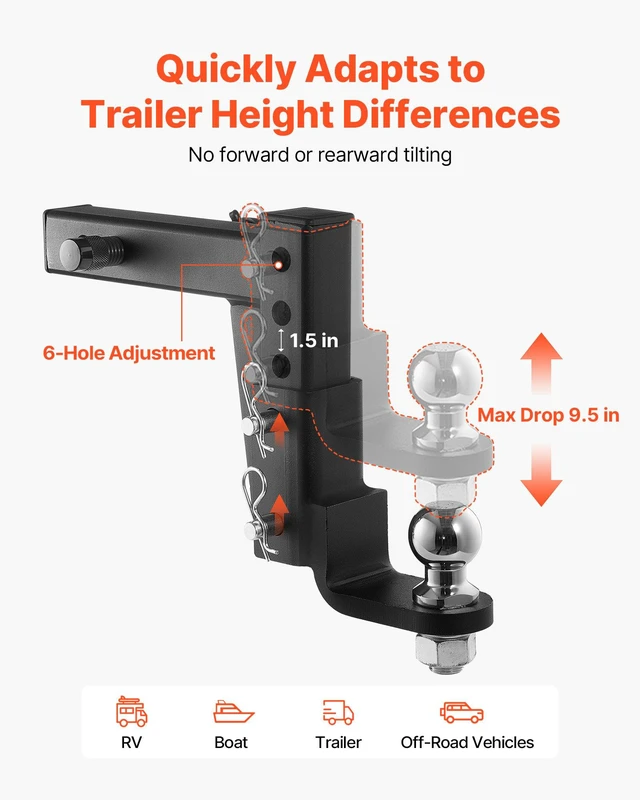 Alt view image 4 of 8 - VEVOR Trailer Hitch Ball Mount, Fit 2-Inch Receiver, Adjustable Trailer Hitch with 2 Inch Ball & Pin, 7500 lbs GTW, 9.5 Inch Drop, Towing Ball Mounts for RVs, Off-Road Vehicles and Trucks, Black