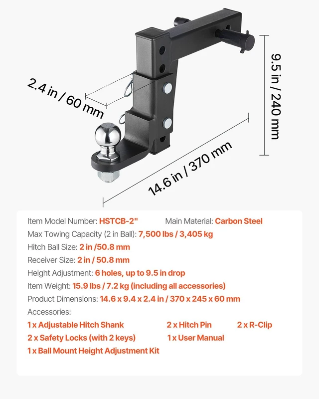 Alt view image 7 of 8 - VEVOR Trailer Hitch Ball Mount, Fit 2-Inch Receiver, Adjustable Trailer Hitch with 2 Inch Ball & Pin, 7500 lbs GTW, 9.5 Inch Drop, Towing Ball Mounts for RVs, Off-Road Vehicles and Trucks, Black