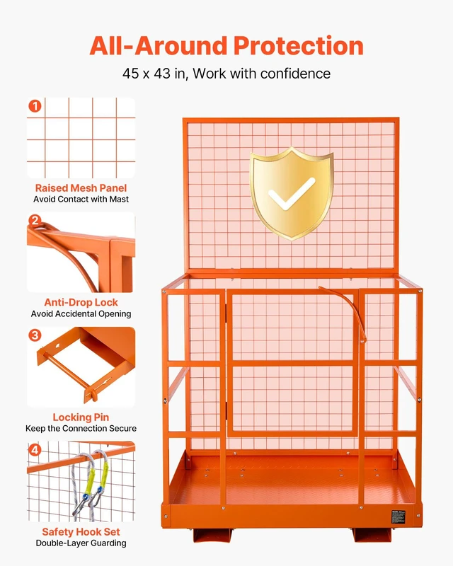 Alt view image 4 of 8 - VEVOR Forklift Safety Cage, 48.2 x 45.2 Inch, Heavy Duty Forklift Man Basket, 1400 lbs Capacity Collapsible Work Platform Lift Basket with Safety Harness & Lock, for Most Aerial Jobs Lifting Loader
