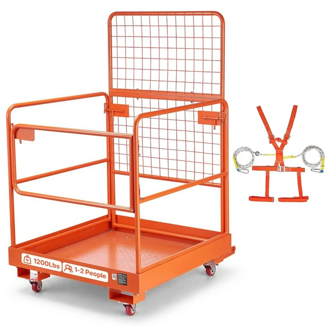 Main image of VEVOR Forklift Safety Cage, 36.2 x 41.1 Inch, Forklift Man Basket with 4 Wheels, 1200 lbs Capacity, Heavy Duty Work Platform Collapsible Lift Basket, Safety Harness, for Aerial Work Lifting Loader