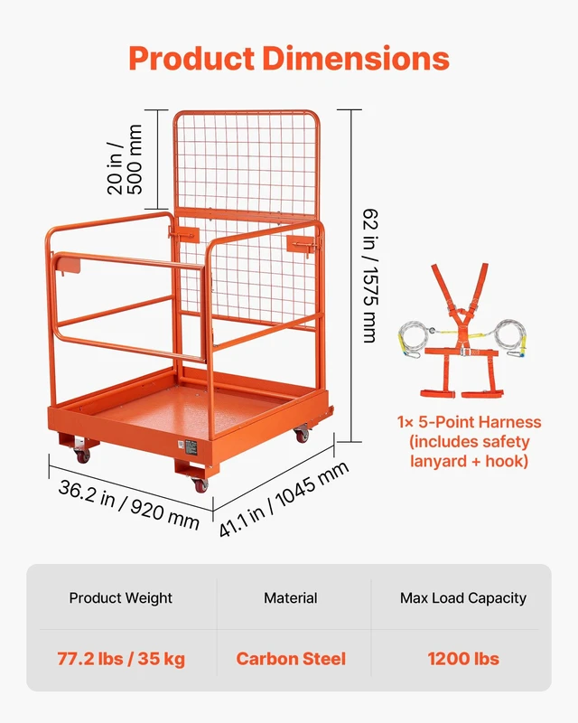 Alt view image 2 of 8 - VEVOR Forklift Safety Cage, 36.2 x 41.1 Inch, Forklift Man Basket with 4 Wheels, 1200 lbs Capacity, Heavy Duty Work Platform Collapsible Lift Basket, Safety Harness, for Aerial Work Lifting Loader