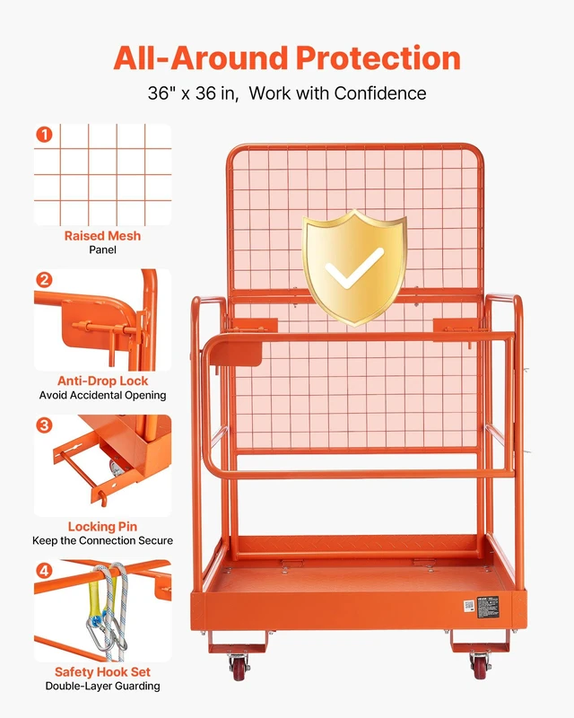 Alt view image 4 of 8 - VEVOR Forklift Safety Cage, 36.2 x 41.1 Inch, Forklift Man Basket with 4 Wheels, 1200 lbs Capacity, Heavy Duty Work Platform Collapsible Lift Basket, Safety Harness, for Aerial Work Lifting Loader