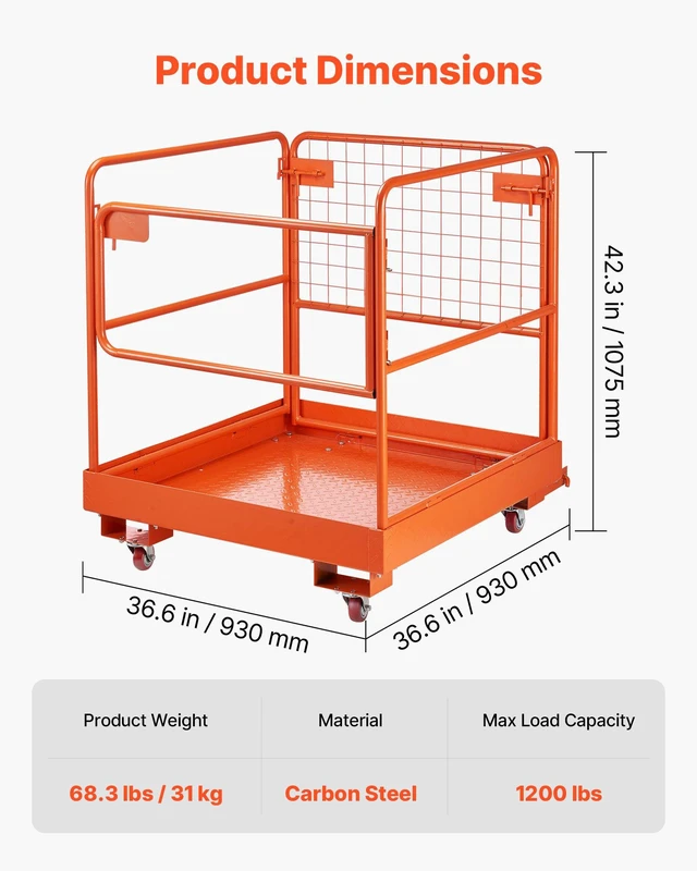 Alt view image 2 of 8 - VEVOR Forklift Safety Cage, 36.6 x 36.6 Inch, Forklift Man Basket with 4 Wheels, 1200 lbs Capacity, Heavy Duty Work Platform, Collapsible Lift Basket Safety Set, for Most Aerial Jobs Lifting Loader