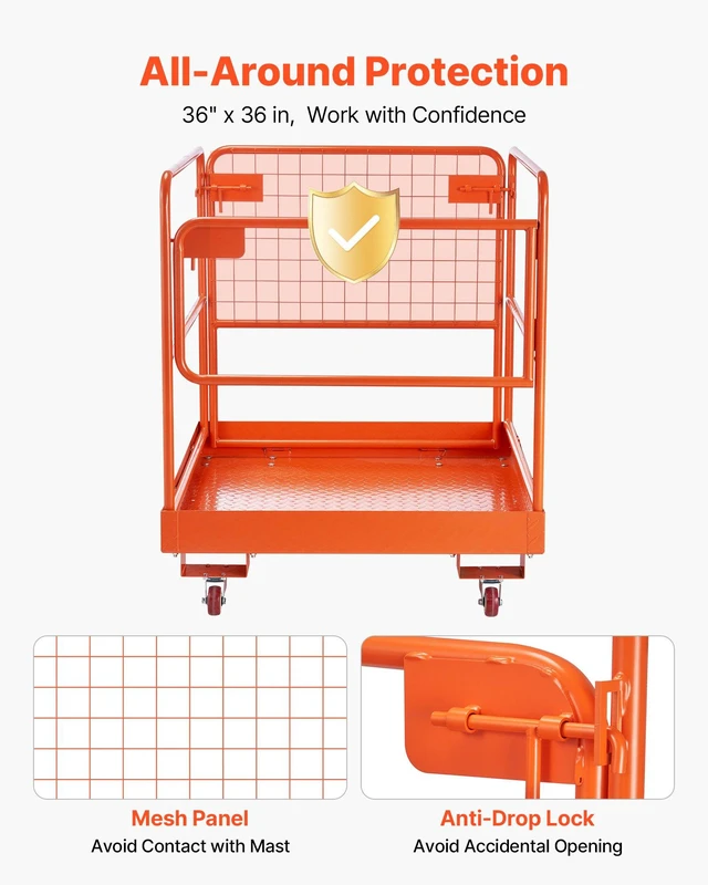 Alt view image 4 of 8 - VEVOR Forklift Safety Cage, 36.6 x 36.6 Inch, Forklift Man Basket with 4 Wheels, 1200 lbs Capacity, Heavy Duty Work Platform, Collapsible Lift Basket Safety Set, for Most Aerial Jobs Lifting Loader