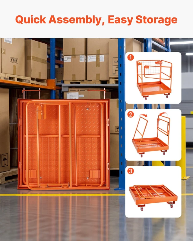 Alt view image 6 of 8 - VEVOR Forklift Safety Cage, 36.6 x 36.6 Inch, Forklift Man Basket with 4 Wheels, 1200 lbs Capacity, Heavy Duty Work Platform, Collapsible Lift Basket Safety Set, for Most Aerial Jobs Lifting Loader