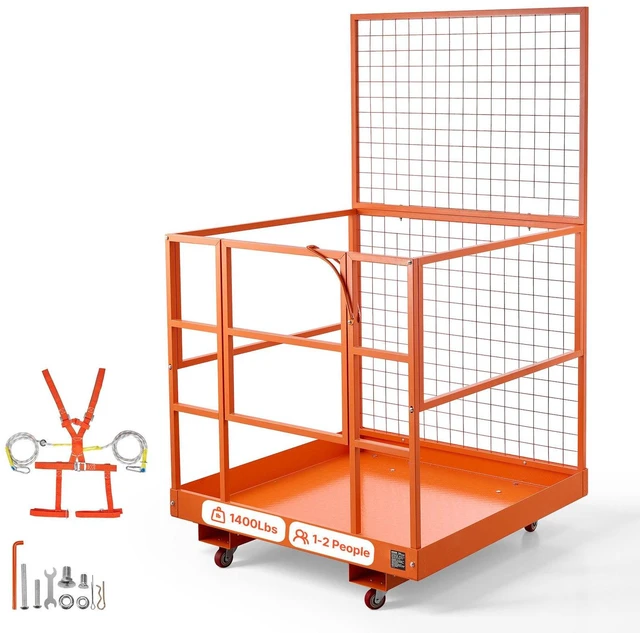 Main image of VEVOR Forklift Safety Cage, 48.2 x 45.2 Inch, Heavy Duty Forklift Man Basket, 1400 lbs Capacity Work Platform Lift Basket with Safety Harness, Lock, Wheels, Drain Hole, for Aerial Work Lifting Loader