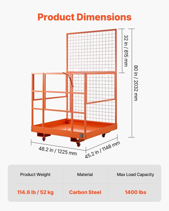 Alt view image 2 of 8 - VEVOR Forklift Safety Cage, 48.2 x 45.2 Inch, Heavy Duty Forklift Man Basket, 1400 lbs Capacity Work Platform Lift Basket with Safety Harness, Lock, Wheels, Drain Hole, for Aerial Work Lifting Loader