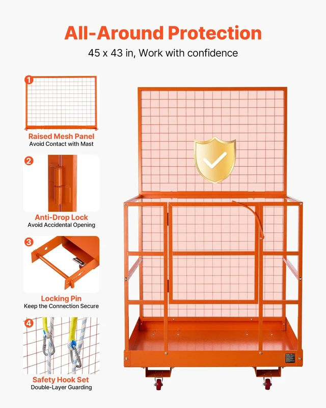Alt view image 4 of 8 - VEVOR Forklift Safety Cage, 48.2 x 45.2 Inch, Heavy Duty Forklift Man Basket, 1400 lbs Capacity Work Platform Lift Basket with Safety Harness, Lock, Wheels, Drain Hole, for Aerial Work Lifting Loader
