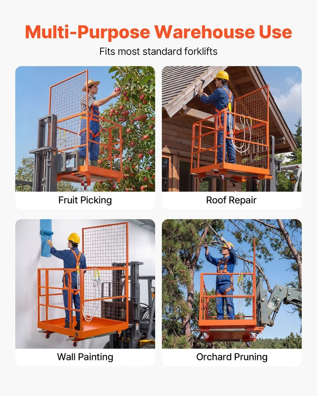 Alt view image 7 of 8 - VEVOR Forklift Safety Cage, 48.2 x 45.2 Inch, Heavy Duty Forklift Man Basket, 1400 lbs Capacity Work Platform Lift Basket with Safety Harness, Lock, Wheels, Drain Hole, for Aerial Work Lifting Loader