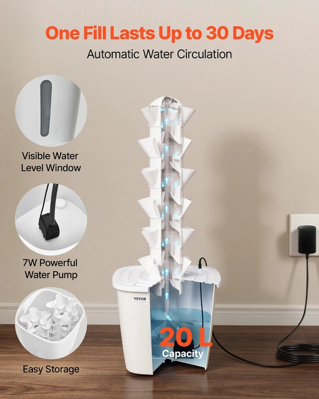 Alt view image 3 of 8 - VEVOR Hydroponic Tower, 30 Pods 6 Tiers Hydroponics Growing System Kit with App Control, Vertical Home Garden with 20L Water Tank & Pump, Planter Germination Kit for Indoor Herbs, Fruits, Vegetables