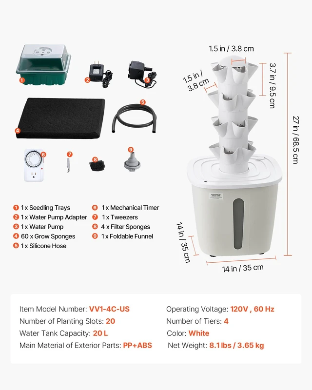 Alt view image 7 of 8 - VEVOR Hydroponic Tower, 20 Pods 4 Tiers Hydroponics Growing System Kit, Vertical Home Hydronic Garden with 20L Water Tank & Pump, Planter Plants Germination Kit for Indoor Herbs, Fruits, Vegetables