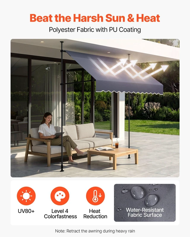 Alt view image 3 of 8 - VEVOR Manual Retractable Awning, 78" Outdoor Retractable Patio Awning Sunshade Shelter, Height Adjustable Patio Door Window Canopy with Manual Crank Handle for Backyard, Garden, Balcony, Dark Gray