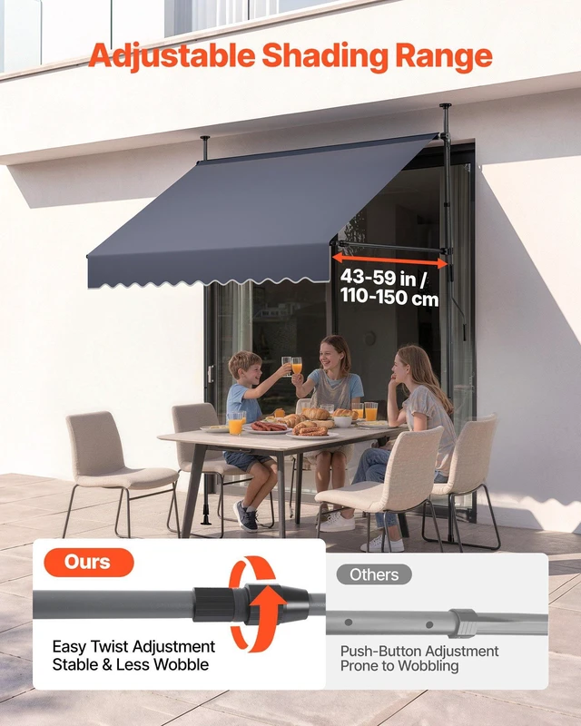 Alt view image 4 of 8 - VEVOR Manual Retractable Awning, 78" Outdoor Retractable Patio Awning Sunshade Shelter, Height Adjustable Patio Door Window Canopy with Manual Crank Handle for Backyard, Garden, Balcony, Dark Gray