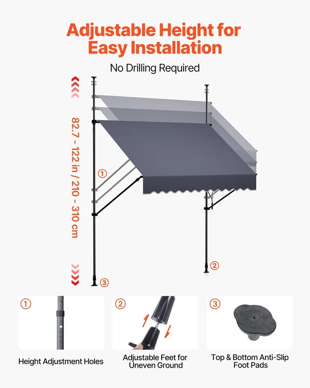 Alt view image 7 of 8 - VEVOR Manual Retractable Awning, 78" Outdoor Retractable Patio Awning Sunshade Shelter, Height Adjustable Patio Door Window Canopy with Manual Crank Handle for Backyard, Garden, Balcony, Dark Gray