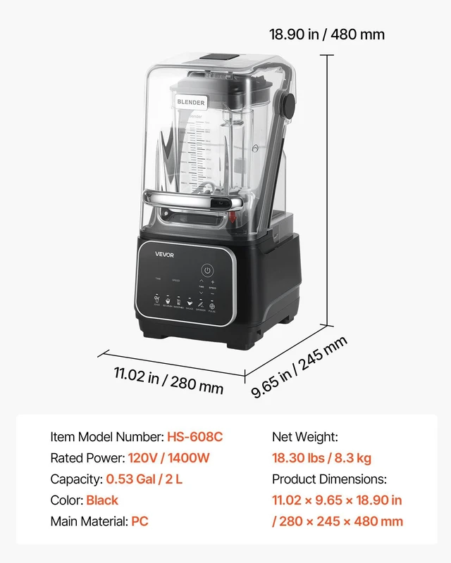 Alt view image 7 of 8 - VEVOR Blender, 68 oz Professional Countertop Blenders with Shield, 2200W 26000RPM Kitchen Food Processor Combo, Self-Cleaning, Speed Adjustable, 6 Preset Menu for Smoothies, Ice Crushing, Puree, Black
