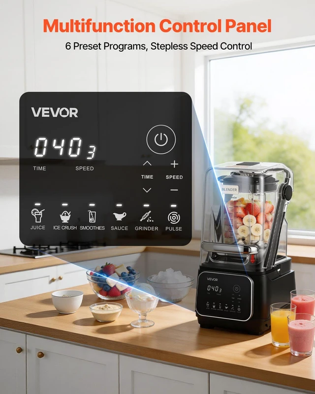 Alt view image 6 of 8 - VEVOR Blender, 68 oz Professional Countertop Blenders with Shield, 2200W 26000RPM Kitchen Food Processor Combo, Self-Cleaning, Speed Adjustable, 6 Preset Menu for Smoothies, Ice Crushing, Puree, Black