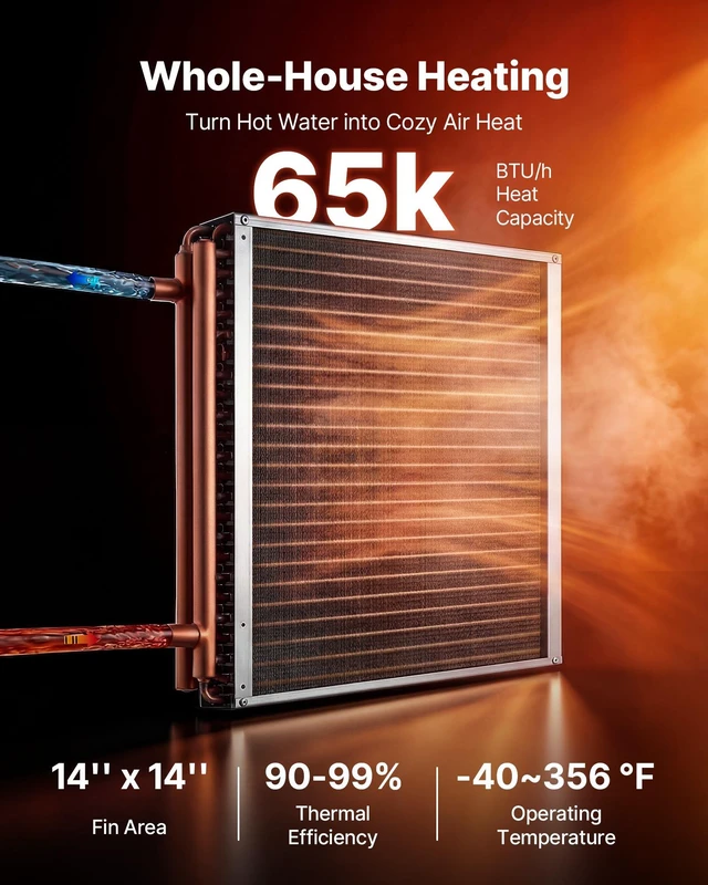 Alt view image 2 of 8 - VEVOR Water to Air Heat Exchanger, 14 x 14 in Finned Tube HVAC Heat Exchanger Coil with Copper Tubes & Aluminum Fins, 65K BTU Output for Outdoor Wood Furnace, Hydronic Heating & Cooling Systems