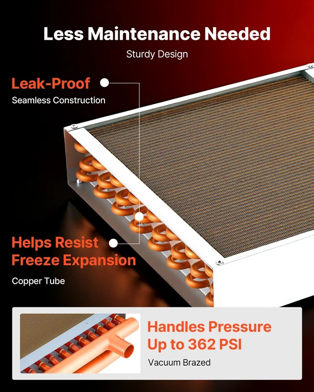 Alt view image 4 of 8 - VEVOR Water to Air Heat Exchanger, 14 x 14 in Finned Tube HVAC Heat Exchanger Coil with Copper Tubes & Aluminum Fins, 65K BTU Output for Outdoor Wood Furnace, Hydronic Heating & Cooling Systems