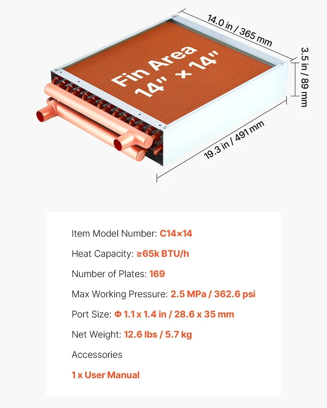 Alt view image 7 of 8 - VEVOR Water to Air Heat Exchanger, 14 x 14 in Finned Tube HVAC Heat Exchanger Coil with Copper Tubes & Aluminum Fins, 65K BTU Output for Outdoor Wood Furnace, Hydronic Heating & Cooling Systems