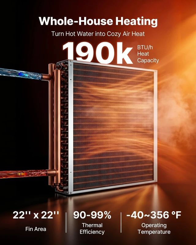 Alt view image 2 of 8 - VEVOR Water to Air Heat Exchanger, 22 x 22 in Finned Tube HVAC Heat Exchanger Coil with Copper Tubes & Aluminum Fins, 190K BTU Output for Outdoor Wood Furnace, Hydronic Heating & Cooling Systems