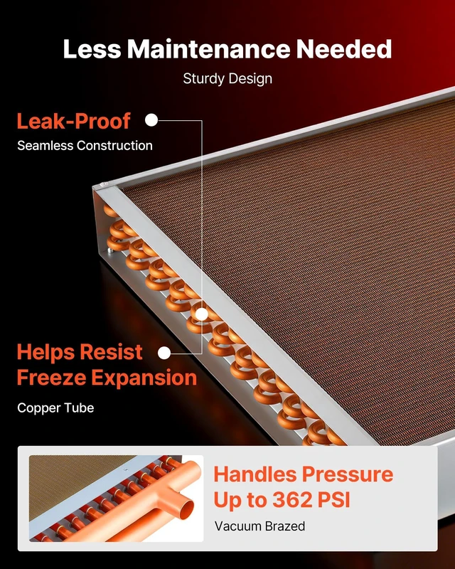 Alt view image 4 of 8 - VEVOR Water to Air Heat Exchanger, 22 x 22 in Finned Tube HVAC Heat Exchanger Coil with Copper Tubes & Aluminum Fins, 190K BTU Output for Outdoor Wood Furnace, Hydronic Heating & Cooling Systems