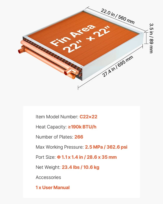 Alt view image 7 of 8 - VEVOR Water to Air Heat Exchanger, 22 x 22 in Finned Tube HVAC Heat Exchanger Coil with Copper Tubes & Aluminum Fins, 190K BTU Output for Outdoor Wood Furnace, Hydronic Heating & Cooling Systems