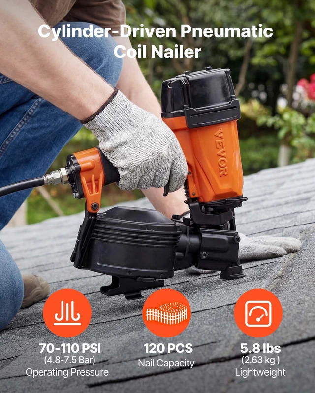 Alt view image 2 of 8 - VEVOR Professional Roofing Nailer CN45N, 3/4" to 1-3/4" 15 Degree Air Roofing Nail Gun, 45 Nails/S Ultra-Fast Nailing, 70-110 PSI Pneumatic Coil Nailer for Asphalt Shingles, Roof Sheathing