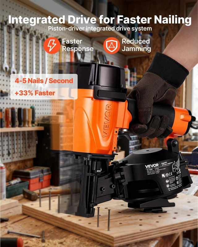 Alt view image 4 of 8 - VEVOR Professional Roofing Nailer CN45N, 3/4" to 1-3/4" 15 Degree Air Roofing Nail Gun, 45 Nails/S Ultra-Fast Nailing, 70-110 PSI Pneumatic Coil Nailer for Asphalt Shingles, Roof Sheathing