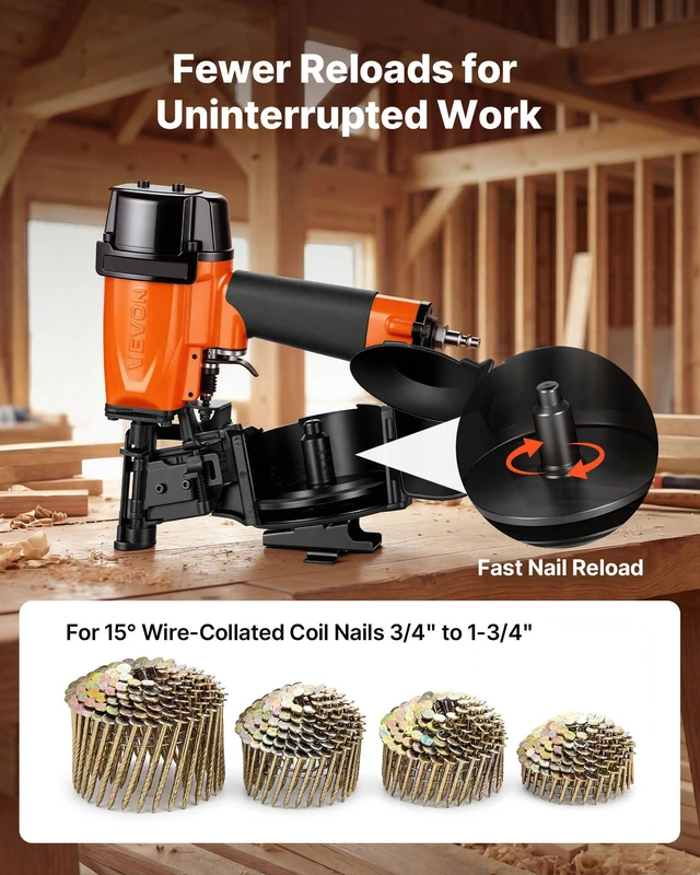 Alt view image 5 of 8 - VEVOR Professional Roofing Nailer CN45N, 3/4" to 1-3/4" 15 Degree Air Roofing Nail Gun, 45 Nails/S Ultra-Fast Nailing, 70-110 PSI Pneumatic Coil Nailer for Asphalt Shingles, Roof Sheathing