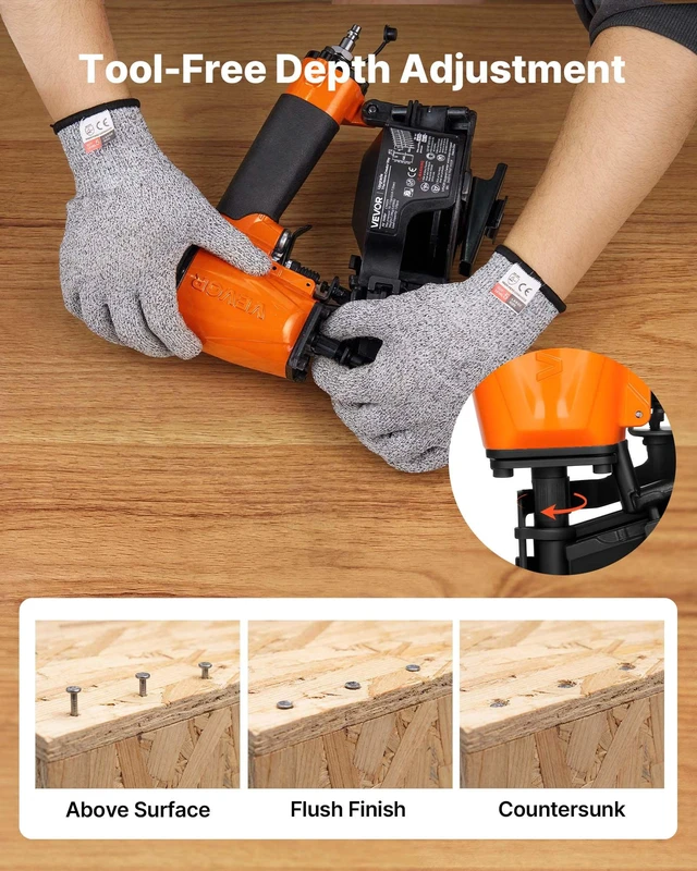 Alt view image 6 of 8 - VEVOR Professional Roofing Nailer CN45N, 3/4" to 1-3/4" 15 Degree Air Roofing Nail Gun, 45 Nails/S Ultra-Fast Nailing, 70-110 PSI Pneumatic Coil Nailer for Asphalt Shingles, Roof Sheathing