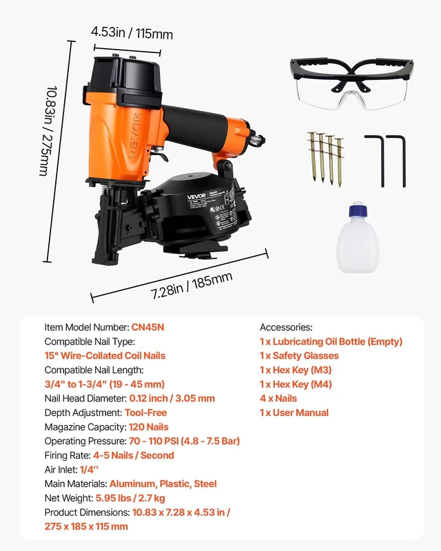 Alt view image 7 of 8 - VEVOR Professional Roofing Nailer CN45N, 3/4" to 1-3/4" 15 Degree Air Roofing Nail Gun, 45 Nails/S Ultra-Fast Nailing, 70-110 PSI Pneumatic Coil Nailer for Asphalt Shingles, Roof Sheathing