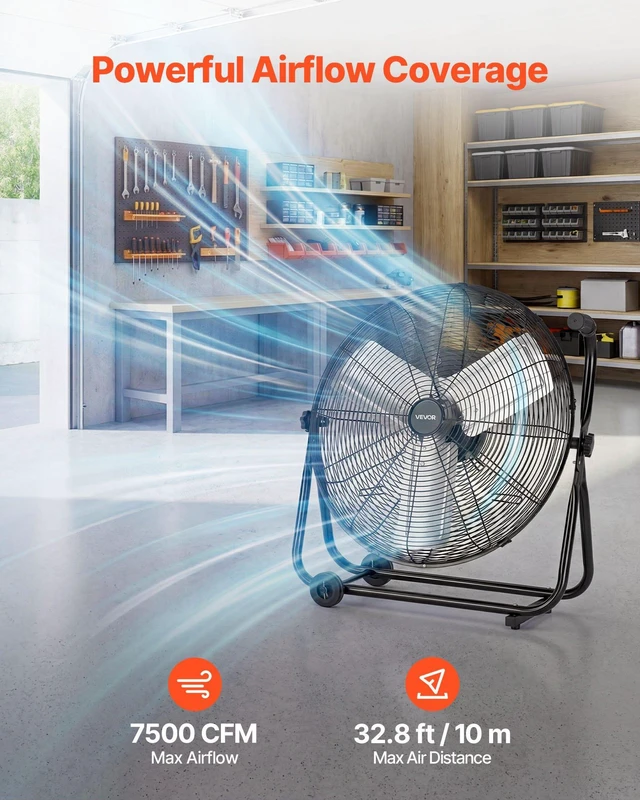 Alt view image 2 of 8 - VEVOR Industrial Shop Fan, 24 Inch Floor Drum Fan, High Velocity 7500 CFM, Heavy Duty Aluminum Blades, 3 Speeds, 360 Degree Tilt, Ideal for Commercial, Garage, Warehouse, Basement, Workshop, Black