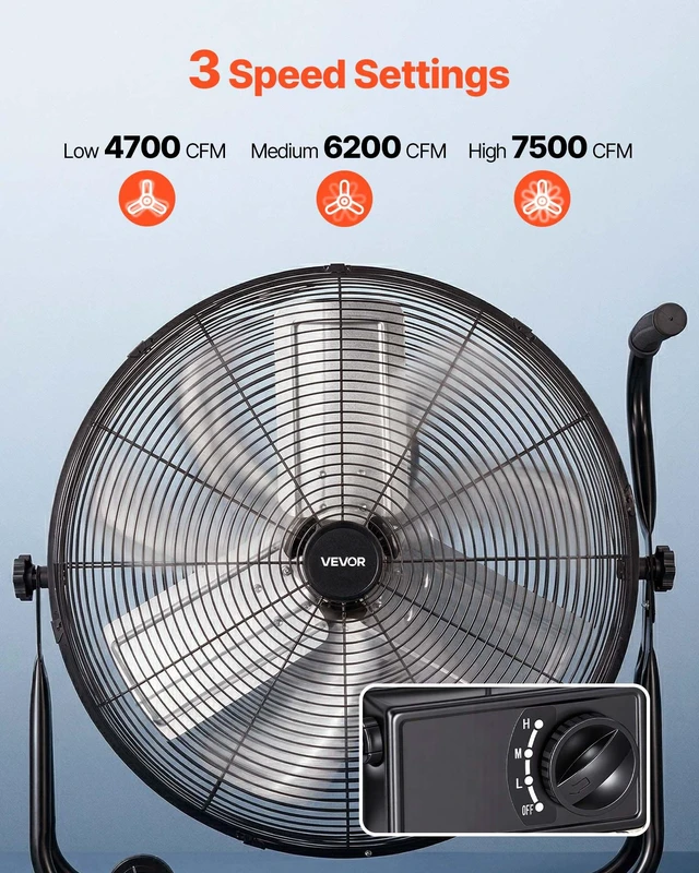 Alt view image 4 of 8 - VEVOR Industrial Shop Fan, 24 Inch Floor Drum Fan, High Velocity 7500 CFM, Heavy Duty Aluminum Blades, 3 Speeds, 360 Degree Tilt, Ideal for Commercial, Garage, Warehouse, Basement, Workshop, Black