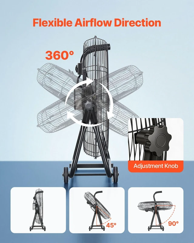 Alt view image 5 of 8 - VEVOR Industrial Shop Fan, 24 Inch Floor Drum Fan, High Velocity 7500 CFM, Heavy Duty Aluminum Blades, 3 Speeds, 360 Degree Tilt, Ideal for Commercial, Garage, Warehouse, Basement, Workshop, Black