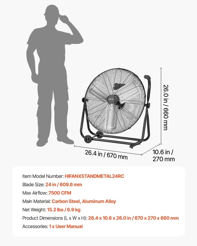 Alt view image 7 of 8 - VEVOR Industrial Shop Fan, 24 Inch Floor Drum Fan, High Velocity 7500 CFM, Heavy Duty Aluminum Blades, 3 Speeds, 360 Degree Tilt, Ideal for Commercial, Garage, Warehouse, Basement, Workshop, Black