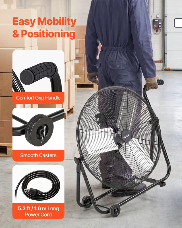 Alt view image 6 of 8 - VEVOR Industrial Shop Fan, 24 Inch Floor Drum Fan, High Velocity 7500 CFM, Heavy Duty Aluminum Blades, 3 Speeds, 360 Degree Tilt, Ideal for Commercial, Garage, Warehouse, Basement, Workshop, Black