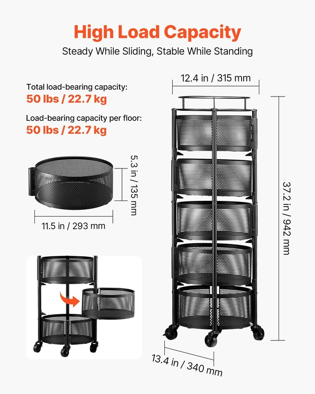 Alt view image 3 of 8 - VEVOR Rotating Storage Rack Cart, 5 Tier Fruit and Vegetable Basket Bowls, Heavy Duty Wire Basket Organizer on Wheels, Large Capacity Stand with Metal Top Lid, for Kitchen Bathroom Nursery, Black