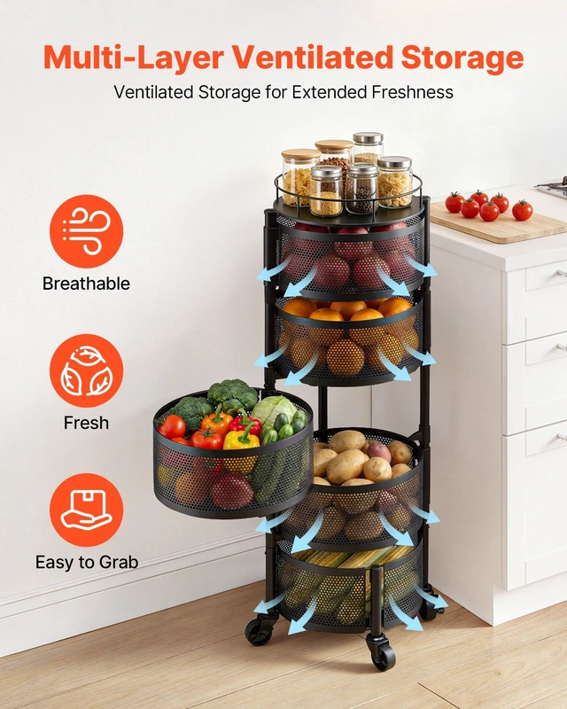 Alt view image 5 of 8 - VEVOR Rotating Storage Rack Cart, 5 Tier Fruit and Vegetable Basket Bowls, Heavy Duty Wire Basket Organizer on Wheels, Large Capacity Stand with Metal Top Lid, for Kitchen Bathroom Nursery, Black